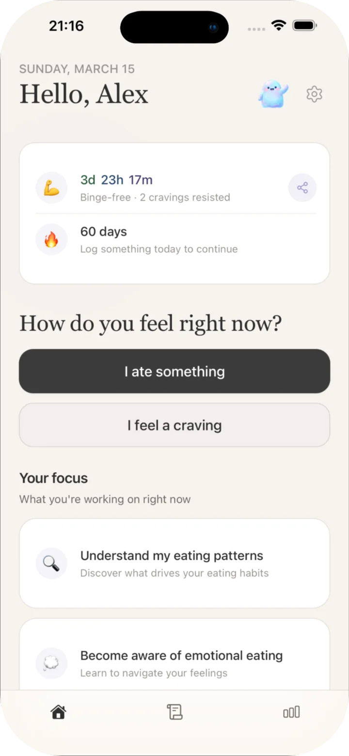 CraveLog home screen with today’s check-in and binge-free streak
