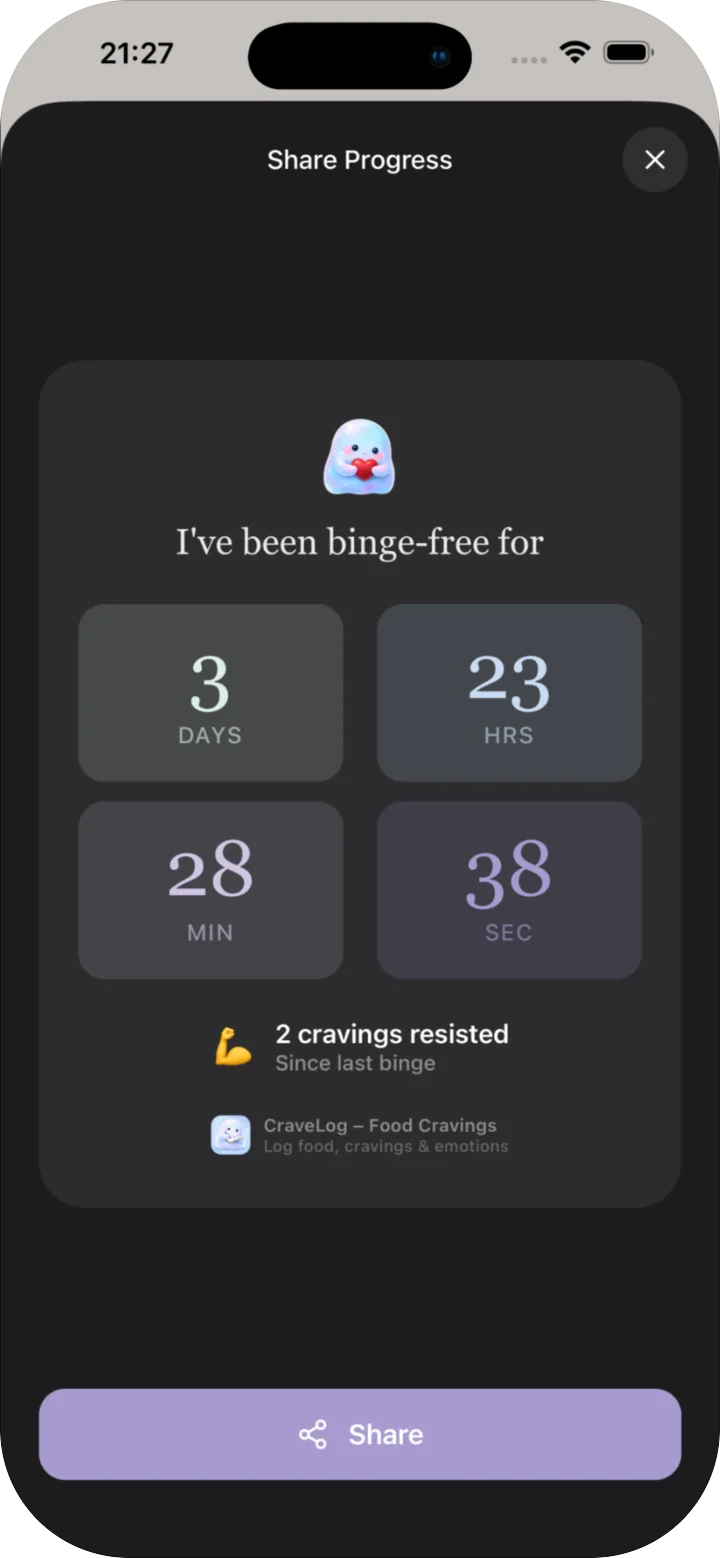 Shareable card counting the days without a binge