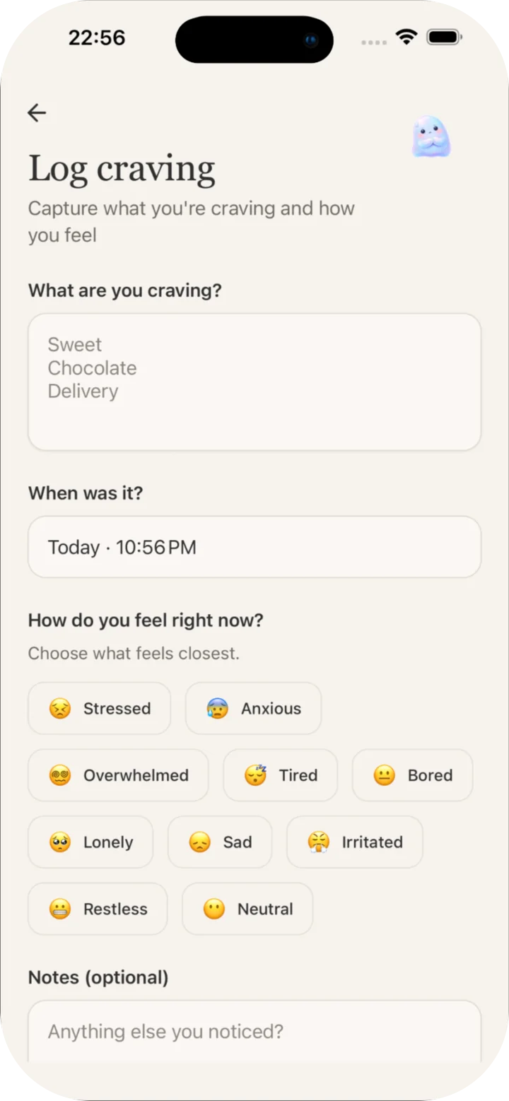 Logging a craving with the emotion behind it
